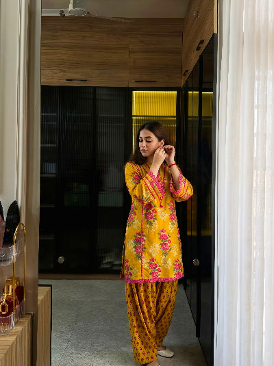 Mustard Yellow Premium Crepe Kurti Farshi Pant Set Of 2