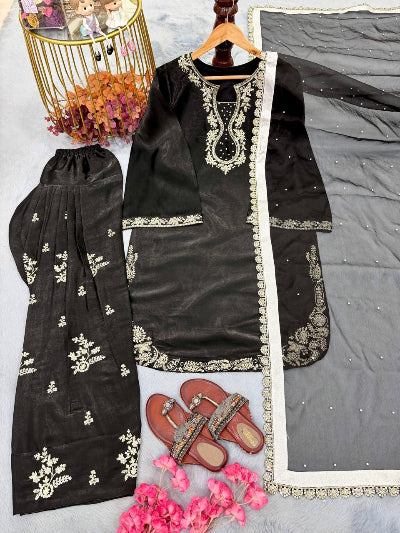 Black Glass Silk Embroidered Farshi Suit