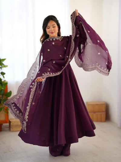 Purple Fendy Silk Full Sleeves Embroidered Anarkali Suit Set