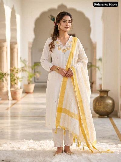 White Gold Embroidered Khadi Cotton Suit Set for Women