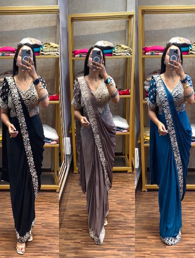 Black Ready to Wear Drape Saree Embroidered Blouse