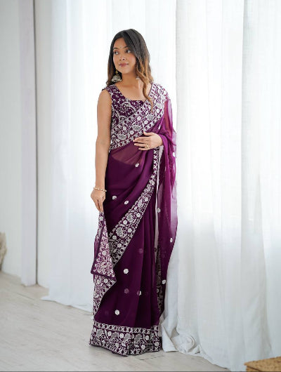 Wine Georgette Thread Embroidery Ready to wear Saree with Free Stitched Blouse