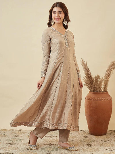 Golden Beige Silk Modest Anarkali Suit