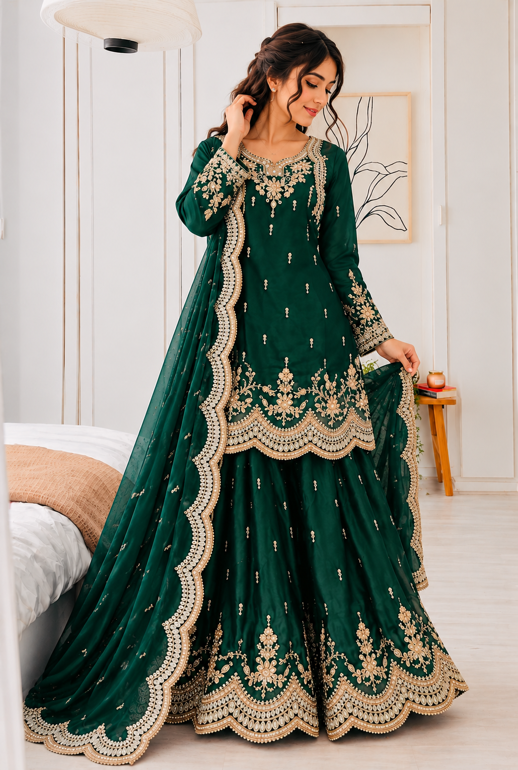 Teal Green Wedding Wear Embroidered Sharara Suit for Women UK Next Day