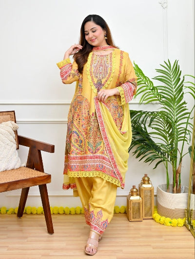 Plus Size Yellow Muslin Embroidered Mirror Work Suit Set