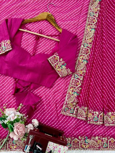 Pink Leheriya Georgette Pre-pleated Saree with Free Stitched Blouse