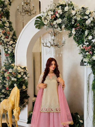 Gold &amp; Pink Crunchy Silk Designer Palazzo Sharara Suit | Asian Ethnic Wear