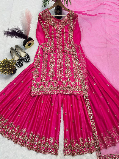 Hot Pink Gold Embroidered Satin Silk Sharara Suit Set