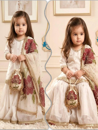 Kids White Embroidery Work Floral Sharara Suit