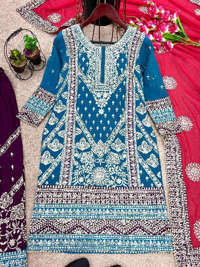 Blue Embroidered Partywear Salwar Kameez Set UK Next Day