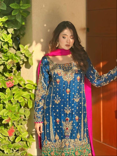 Peacock Blue Pink Sequins Embroidered Straight Suit