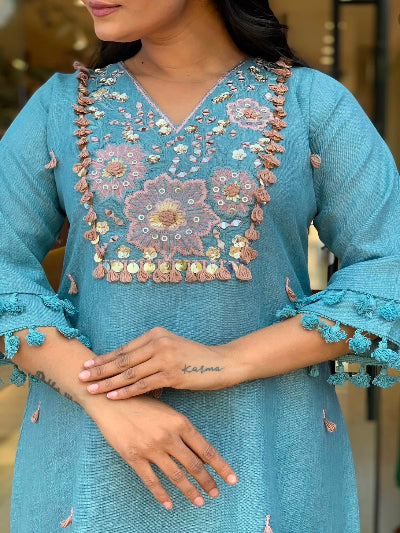 Sky Blue Embroidered Cotton Co-Ord Ethnic Set