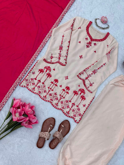 Cream &amp; Red Embroidered Harem Salwar Suit Set for Women UK