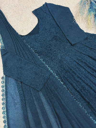 Teal Blue Georgette Embroidered Gown Dupatta Set Of 2