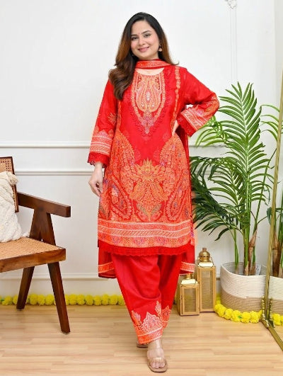 Plus Size Red Muslin Embroidered Mirror Work Suit Set
