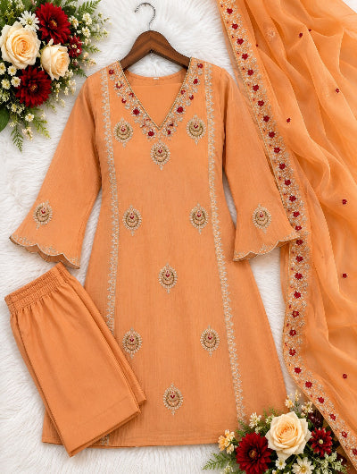 Orange Embroidered Crunchy Silk Straight Suit for Women