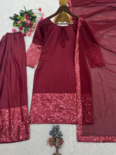 Maroon Crepe Silk Embroidered Farshi Suit Set