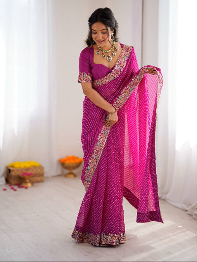 Pink Leheriya Georgette Pre-pleated Saree with Free Stitched Blouse