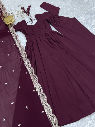 Burgandy Plum Flared Anarkali Gown Set with Dupatta