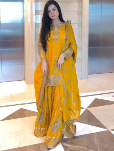 Yellow Chinon Silk Embroidery Work Sharara Suit UK Next Day
