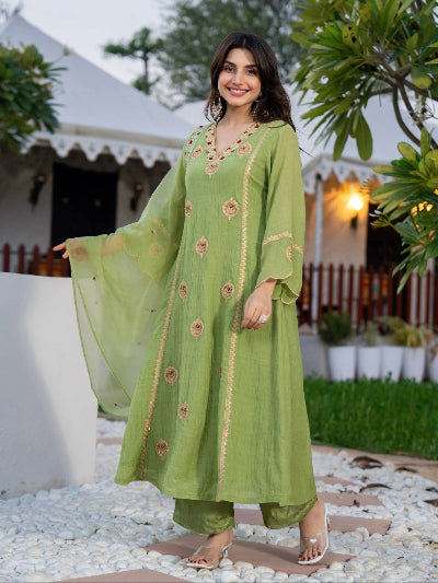 Green Embroidered Crunchy Silk Straight Suit for Women
