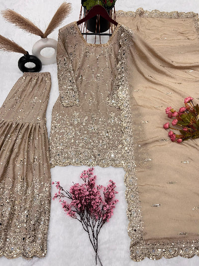 Golden Beige Embroidery Mirror Work Gharara Suit UK Next Day