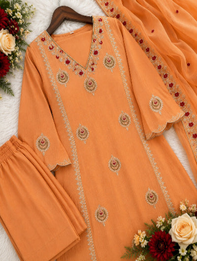Orange Embroidered Crunchy Silk Straight Suit for Women