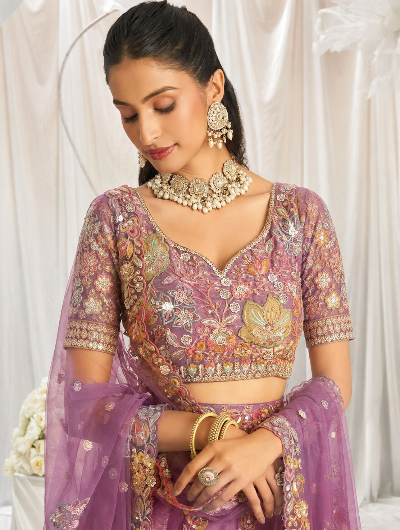 Mauve Pink Designer Lehenga Choli with Embroidered Net Dupatta UK Next Day