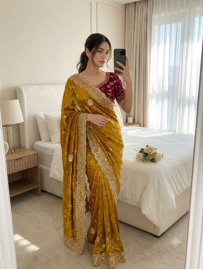 Mustard Pre-Stitched Ready to Wear Saree with Free Red Embroidered Stitched Blouse