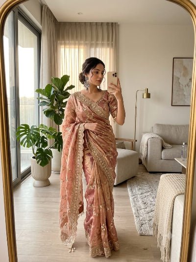 Rose Gold Tissue Silk Ready to Wear Saree with Embroidered Stitched Blouse for Women | Asian Ethnic Wear - BONYHUBSAREE