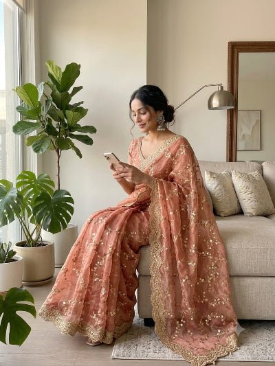 Rose Gold Tissue Silk Ready to Wear Saree with Embroidered Stitched Blouse for Women | Asian Ethnic Wear - BONYHUBSAREE
