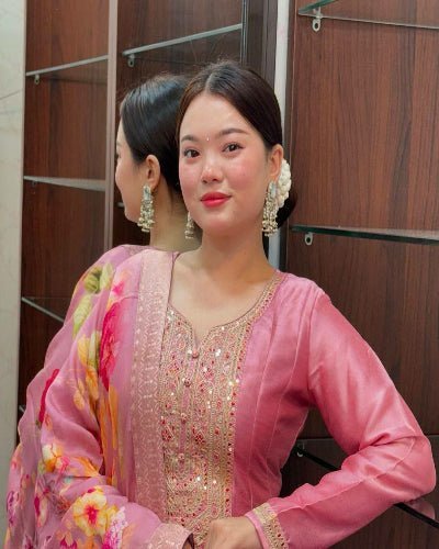 Rose Pink Chinon Silk Anarkali Suit With Floral Dupatta - BONYHUBSALWAR KAMEEZ