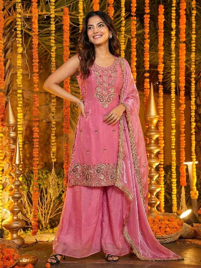 Rose Pink Embroidery Sleevesless Work Palazzo Suit - BONYHUBSALWAR KAMEEZ