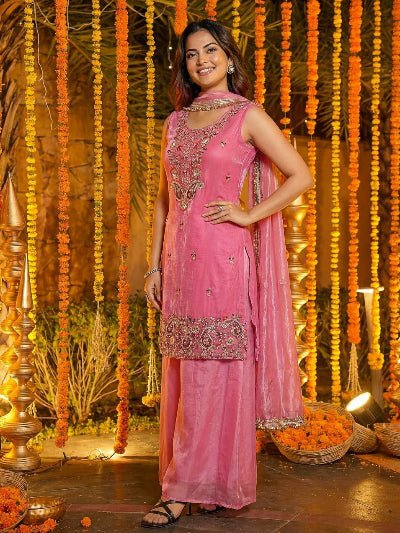 Rose Pink Embroidery Sleevesless Work Palazzo Suit - BONYHUBSALWAR KAMEEZ