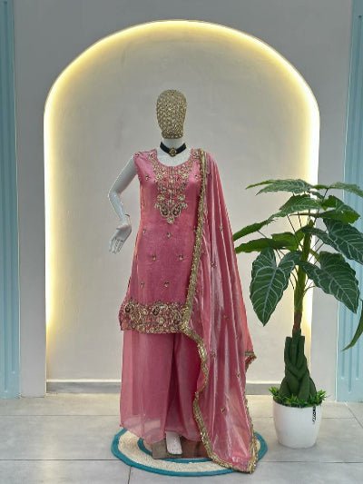 Rose Pink Embroidery Sleevesless Work Palazzo Suit - BONYHUBSALWAR KAMEEZ