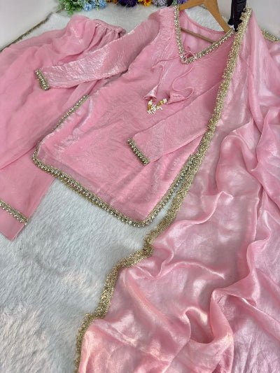 Rose Pink Satin Silk Farshi Suit Set - BONYHUBSALWAR KAMEEZ