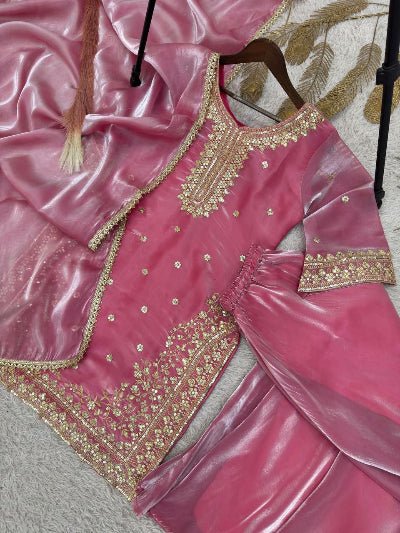 Rose Pink Tissue Silk Embroidery Sharara Set UK Next Day - BONYHUBSALWAR KAMEEZ
