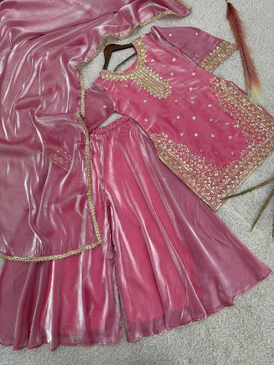 Rose Pink Tissue Silk Embroidery Sharara Set UK Next Day - BONYHUBSALWAR KAMEEZ