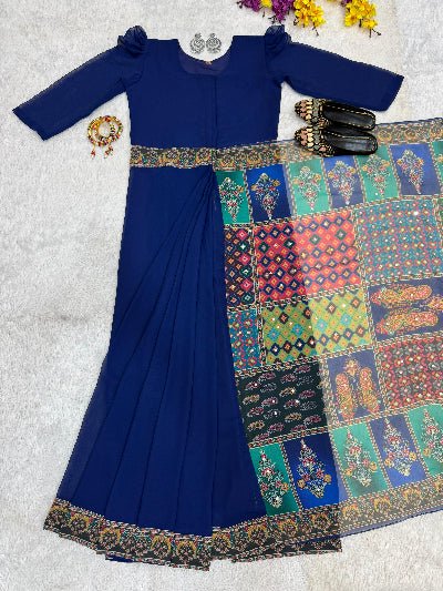 Royal Blue 10 Second Multicolor Readymade Sari Gown - BONYHUBSAREE