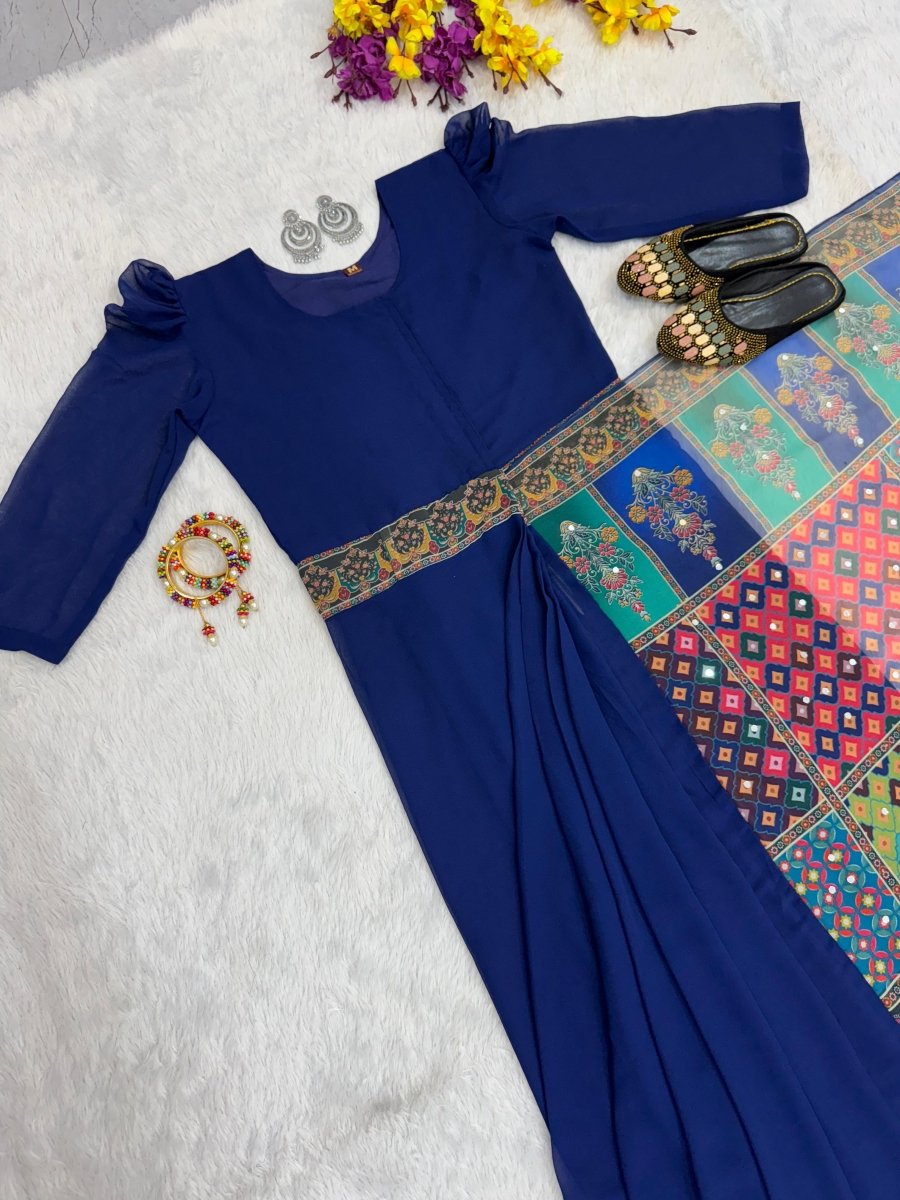 Royal Blue 10 Second Multicolor Readymade Sari Gown - BONYHUBSAREE