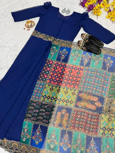 Royal Blue 10 Second Multicolor Readymade Sari Gown - BONYHUBSAREE