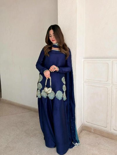 Royal Blue Crepe Silk Farshi Salwar Suit UK Next Day - BONYHUBSALWAR KAMEEZ