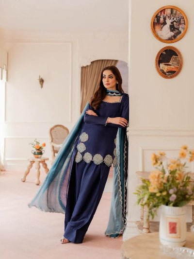 Royal Blue Crepe Silk Farshi Salwar Suit UK Next Day - BONYHUBSALWAR KAMEEZ