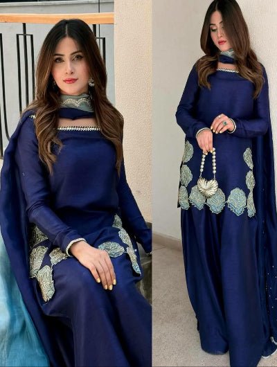 Royal Blue Crepe Silk Farshi Salwar Suit UK Next Day - BONYHUBSALWAR KAMEEZ