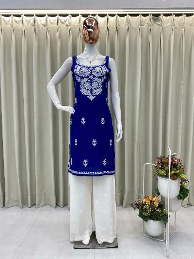 Royal Blue Embroidered Kurti Palazzo Set Of 2 - BONYHUBSALWAR KAMEEZ