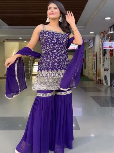 Royal Blue Georgette Sequins Work Gharara Suit Set - BONYHUBSALWAR KAMEEZ