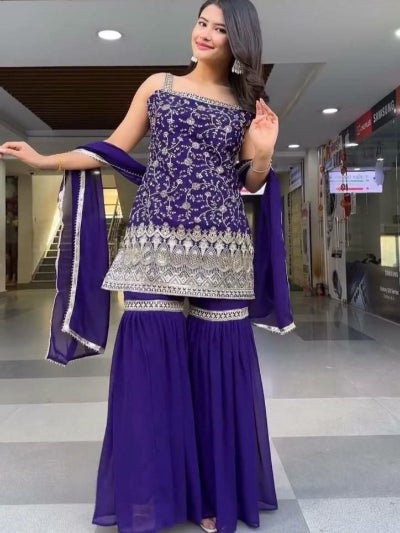 Royal Blue Georgette Sequins Work Gharara Suit Set - BONYHUBSALWAR KAMEEZ