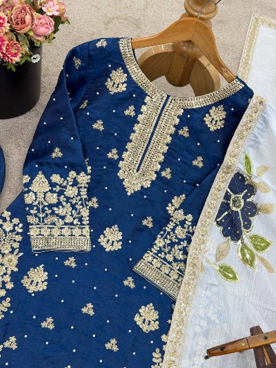 Royal Blue Gold Embroidery Silk Palazzo Suit - BONYHUBSALWAR KAMEEZ