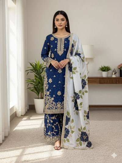 Royal Blue Gold Embroidery Silk Palazzo Suit - BONYHUBSALWAR KAMEEZ