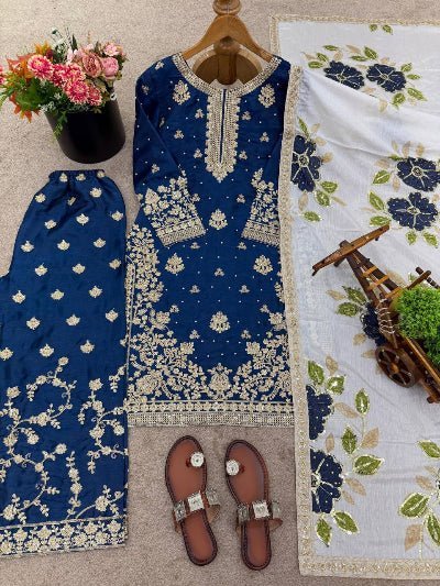 Royal Blue Gold Embroidery Silk Palazzo Suit - BONYHUBSALWAR KAMEEZ
